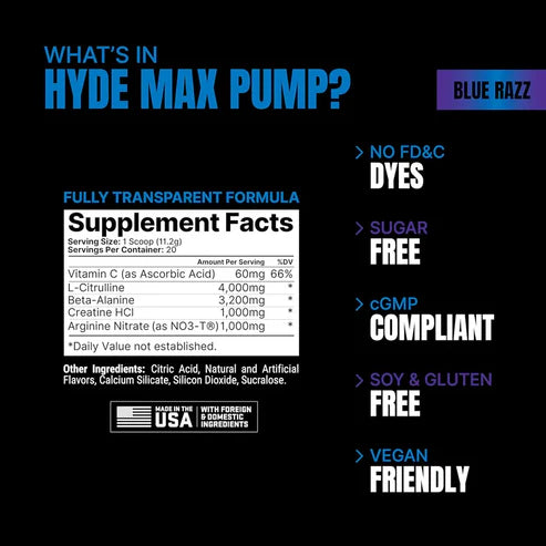 HYDE MAX PUMP PRE ENTRENO SIN CAFEINA 20 SERVS